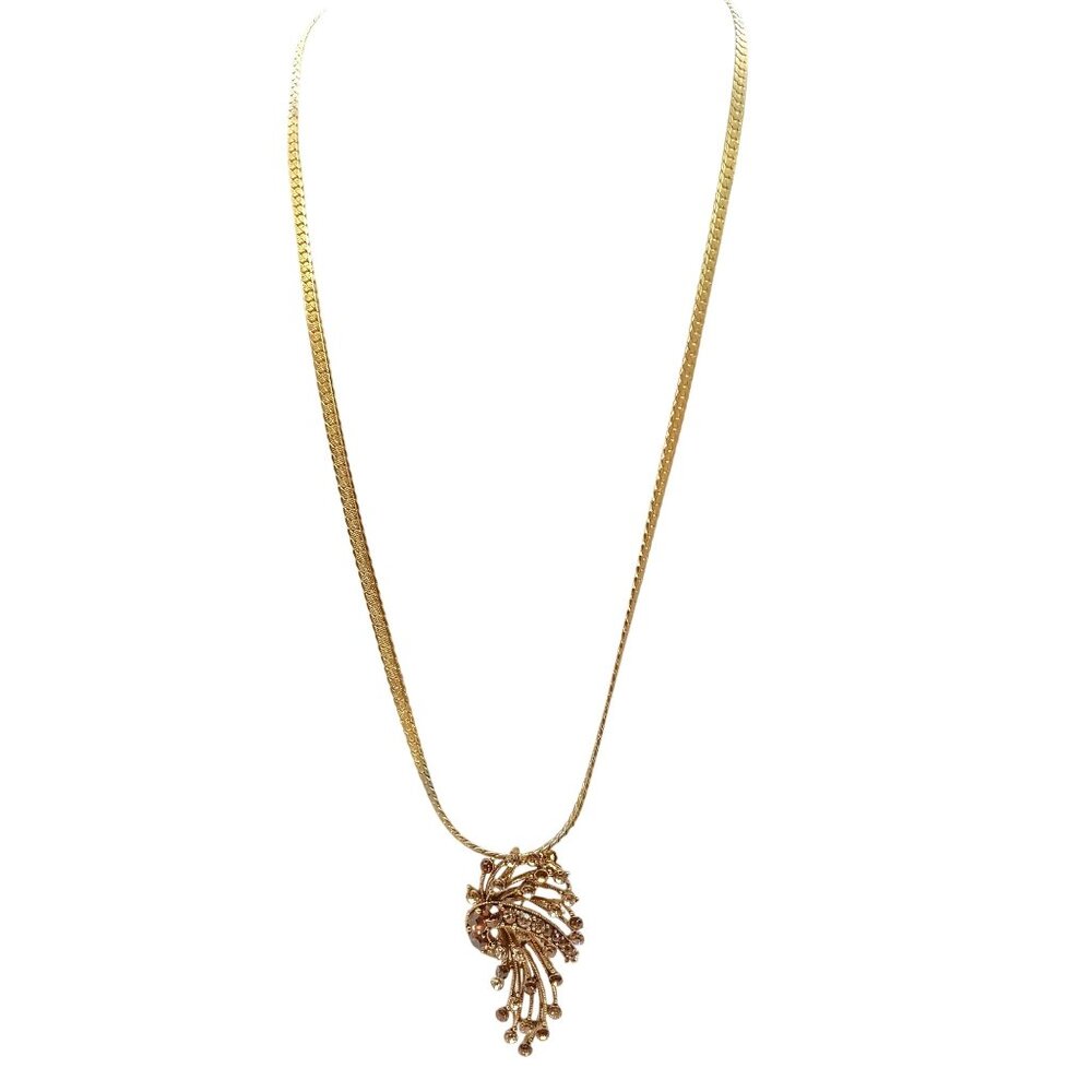 Vintage Gold-Tone Necklace With Crystal Glam Pendant Brooch In Swirling Floral